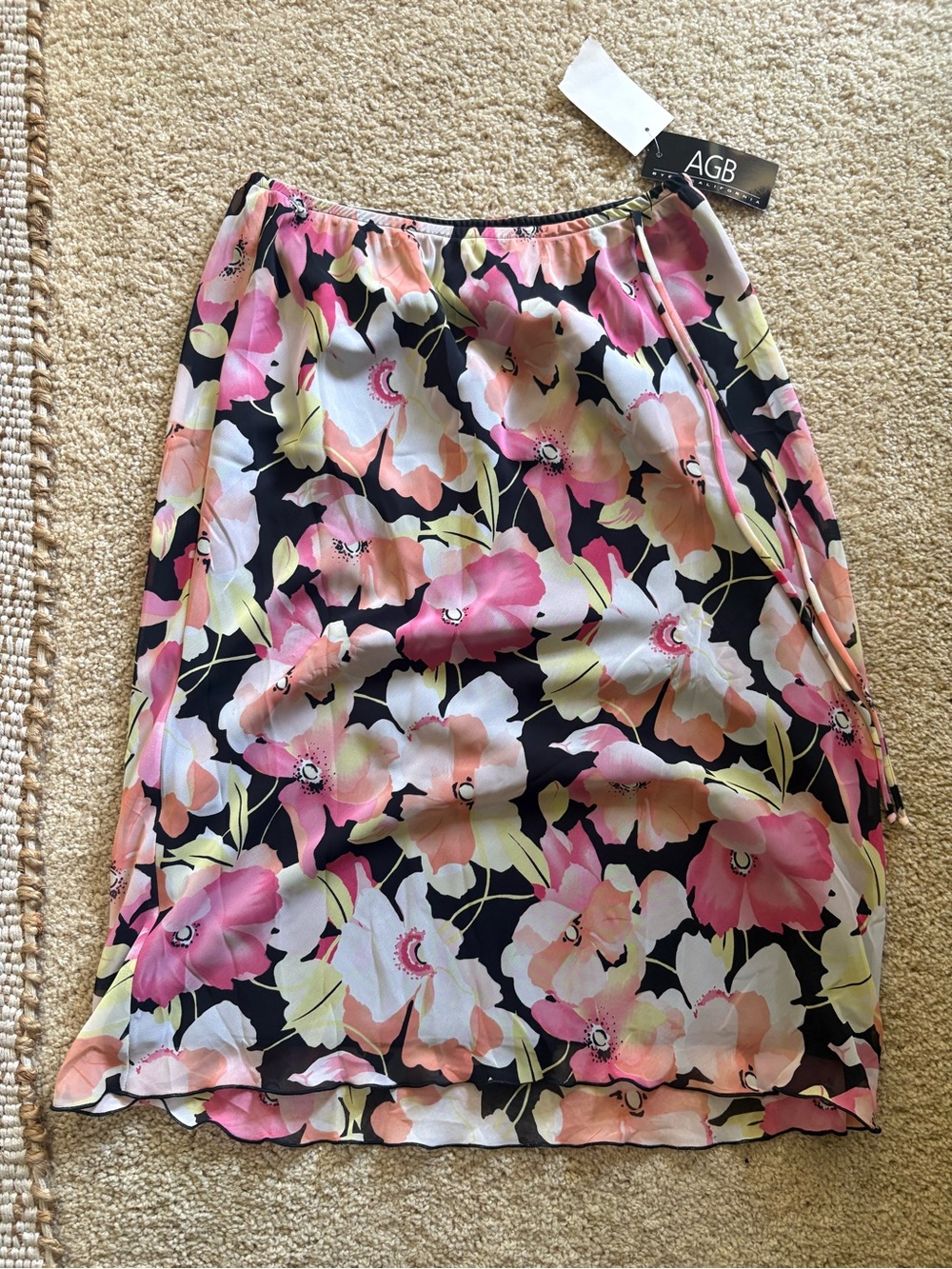 AGB Floral Midi Skirt in Black with Pink & Cream Floral Print
